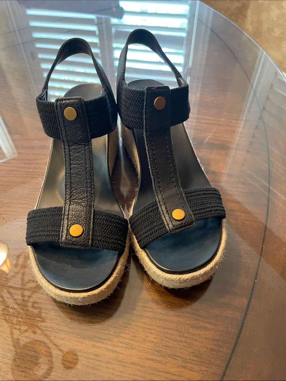 Vionic Black Espadrille Wedge Sandals with Gold Stud Accents